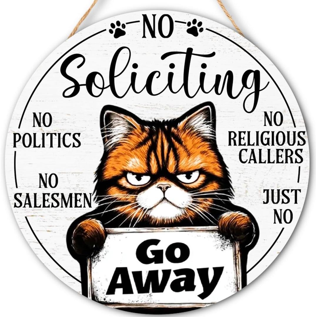 Funny Cat No Soliciting Wood Hanging Sign for Front Door, Cat Gifts House Welcome Sign