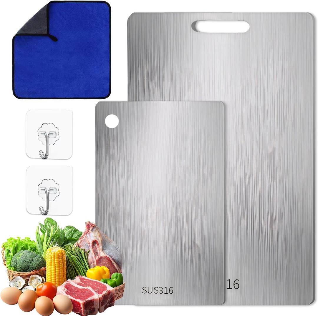 2-piece stainless steel cutting board, made of 316 stainless steel, with hooks and wipes, for cutting meat, fruits and vegetables (34 * 23cm + 25 * 15cm)