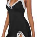 Women's Sexy Lingerie Babydoll V Neck Side Slit Sleepwear Cotton Nightgowns Slip Dress Chemise Nightwear (Black, XXL)