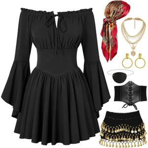 Pirate Costume Women with Off Shoulder Dress Gold Sequin Belt Accessories Halloween Set Costume L