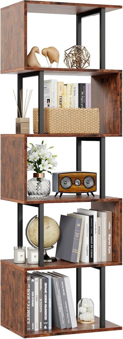 Furologee 6 Tier Bookshelf, Tall S Shaped Geometric Bookcase, Modern Display Book Shelf Standing Unit, Wood Metal Decorative Room Divider Shelf for Living Room Bedroom Office, Rustic Brown