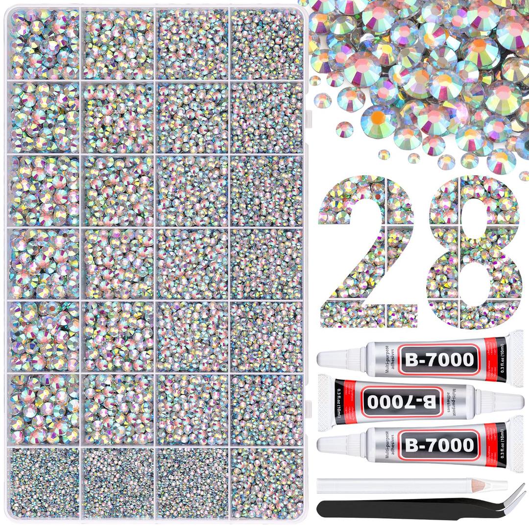 30000Pcs Resin Rhinestones for Bedazzling with 3Pcs B7000 Jewelry Glue, AB Flatback Gems Rhinestones for Crafting, Clothing Tumblers Mugs Shoes Fabric Decor Nail Art (X-Large Pack + 3Pcs Glue)