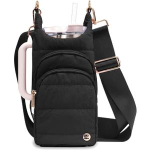Water Bottle Holder with Strap for 30/32 oz, Crossbody Water Bottle Carrier Bag with RFID Blocking Phone Pocket (Black)