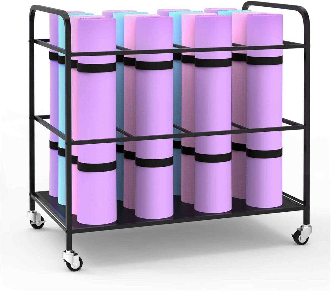Yoga Mat Rack Storage Cart Basket Home Gym Storage Organizer Rack Equipment Weight Rack for Yoga Block, Foam Roller, Resistance Band, Dumbbell, Kettlebell (Black)