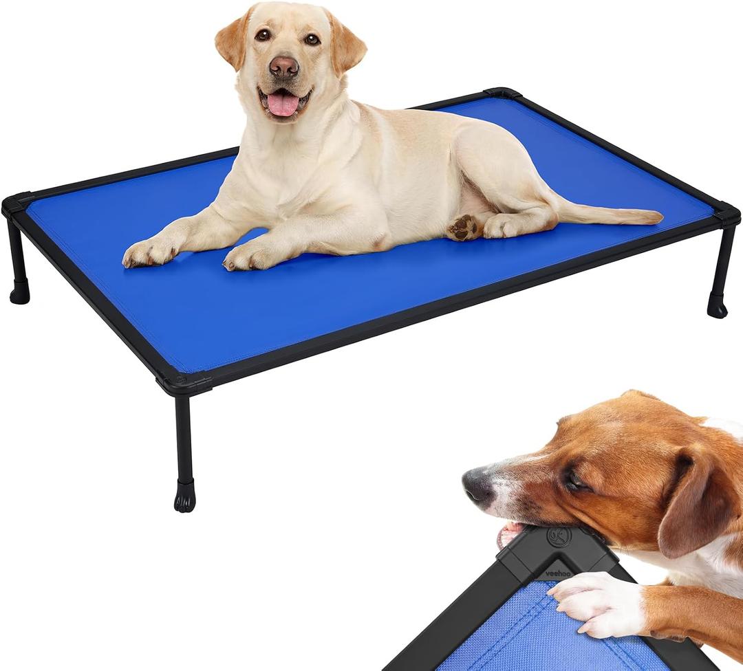 veehoo chew proof elevated dog bed , indestructible raised dog bed for aggressive chewers, waterproof dogs training platform for indoor or outdoor use , 47x29 inch blue