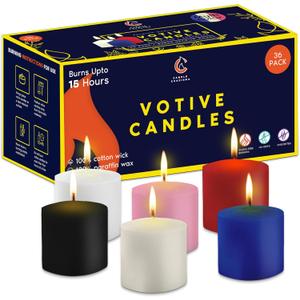 Candle Charisma Multicolor Unscented Votive Candles - 15 Hour Burn time - Set of 36 for Dinner, Wedding, and Holiday Decorations