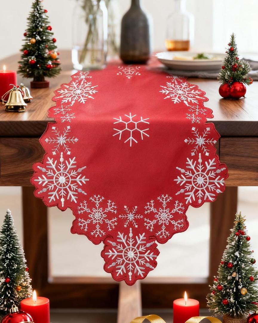 Christmas Table Runner with Snowflake Embroidery, Winter Table Runner for Dining Room,Red Elegant Christmas Table Decor 1336IN