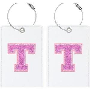 Sodsay 2 PCS Initial Luggage Tag, Luggage Tags for Suitcases Cute Sequin Letter PU Leather Travel Bag Baggage Tags ID Label with Steel Loops for Women Kids Teens(T, White Leather+Hot Pink Letter)