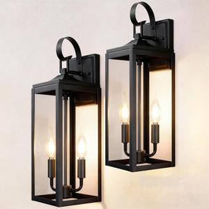 OKELI 17.6" 2-Pack Outdoor Wall Light Fixture, Large Exterior Porch Lighting 2-Light Farmhouse Outside Lantern Lights with Clear Glass Waterproof Wall Sconces Lamp for House Garage