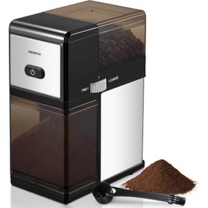 Electric Burr Coffee Grinder, Reemix Automatic Flat Burr Coffee for French Press, Drip Coffee and Espresso, Adjustable Burr Mill, Black+Silver