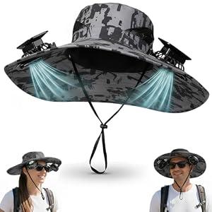 Outdoor Wide Brim Sun Hat with 2 Solar Fan Sun Bucket Hat for Men Women UPF 50+ Bucket, Fishing Essentials for Camping Hiking Beach Summer Safari (Gray Camo)