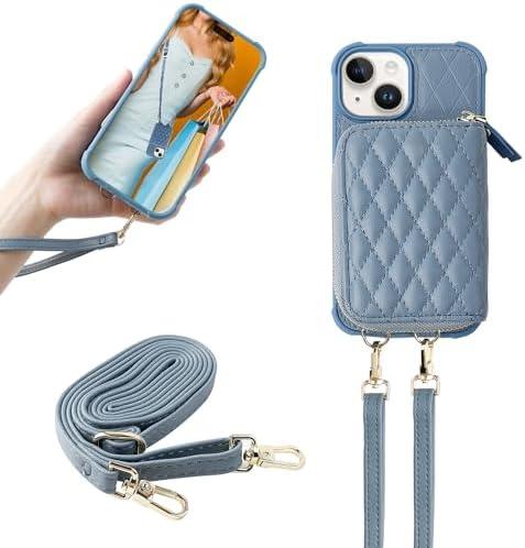 MONASAY Zipper Wallet Case Compatible for iPhone 15,Flip Leather Handbag Phone Cover with Card Holder&Detachable Crossbody Shoulder Lanyard Strap, Light Blue