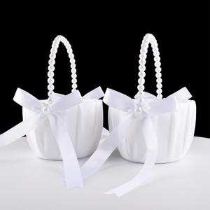 ATAILOVE 2 Wedding Flower Girl Baskets with Pearl Handle, Satin Bowknot Flower Baskets for Flower Girl Pearl Collection - White