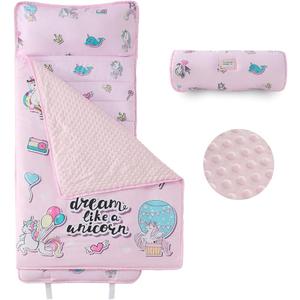 beeweed Toddler Nap Mat, Rollup Design Kid Sleeping Mat with Removable Pillow & Minky Blanket, Toddler Sleeping Bag for Daycare Preschool Travel Camping (Pink Unicorn)