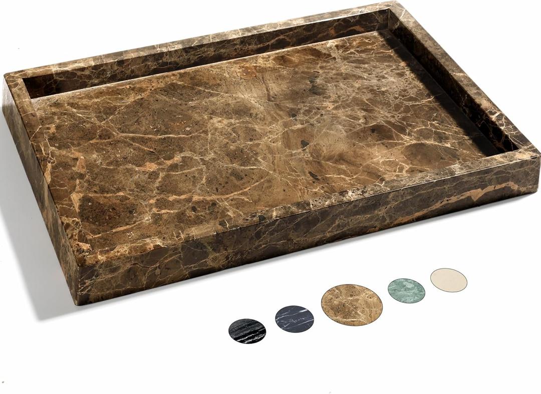 Real Natural Marble Tray for Bathroom, Genuine Marble Stone Vanity Tray, Luxury Storage Trays for Kitchen, Vanity, Home Decor, Dresser, Non-Resin/Non-Ceramic, 12"x 8"x 1.2", Dark Brown