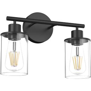 Aipsun Black Vanity Light 2 Lights Farmhouse Bathroom Lights Fixtures Over Mirror with Clear Glass Shade(Exclude Bulb) (14.6 inch)