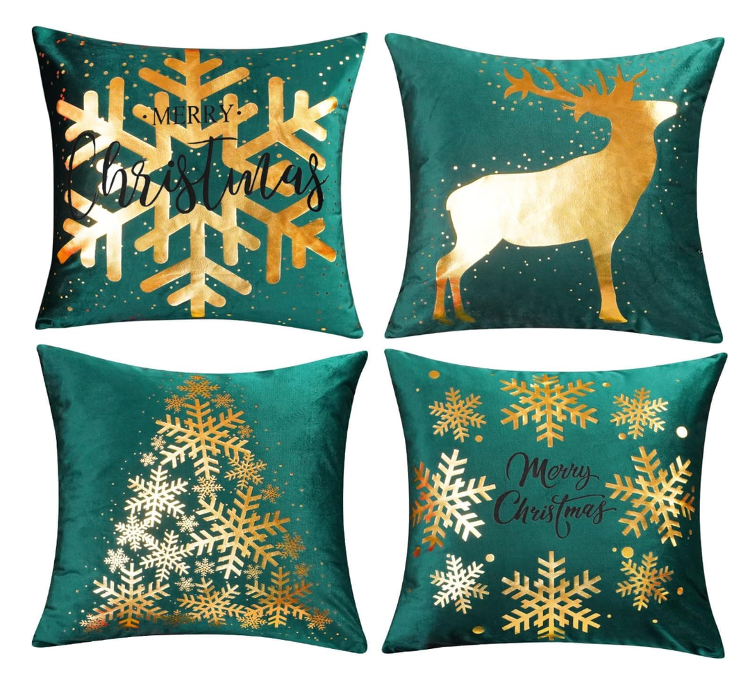 ONWAY Green Christmas Decorations Gold Throw Pillow Covers 20x20 Set of 4 Snowflakes Reindeer Decorative Cushion Cases Xmas Golden Decor for Couch Sofa Bedroom