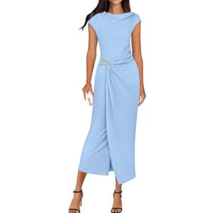 ZESICA Women's 2025 Summer Mock Neck Casual Bodycon Dress Cap Sleeve Elegant Cocktail Party Long Midi Dresses, Sky, Small