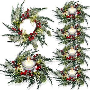 Christmas Candle Rings, Artificial Red Berries, Snowy Pine Needles Garland, Rustic Wedding Centerpiece, Christmas Table Decoration, for Front Door Pillars(12 Pcs)