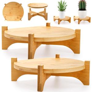 Pack of 2 Bamboo Plant Stand, Mid Century Modern Planter Stand, Detachable Flower Pot Holder, Sturdy Potted Plant Rack for Indoor Outdoor Garden Home, Fits Up to 8 Inch Planter (Pot Not Included)