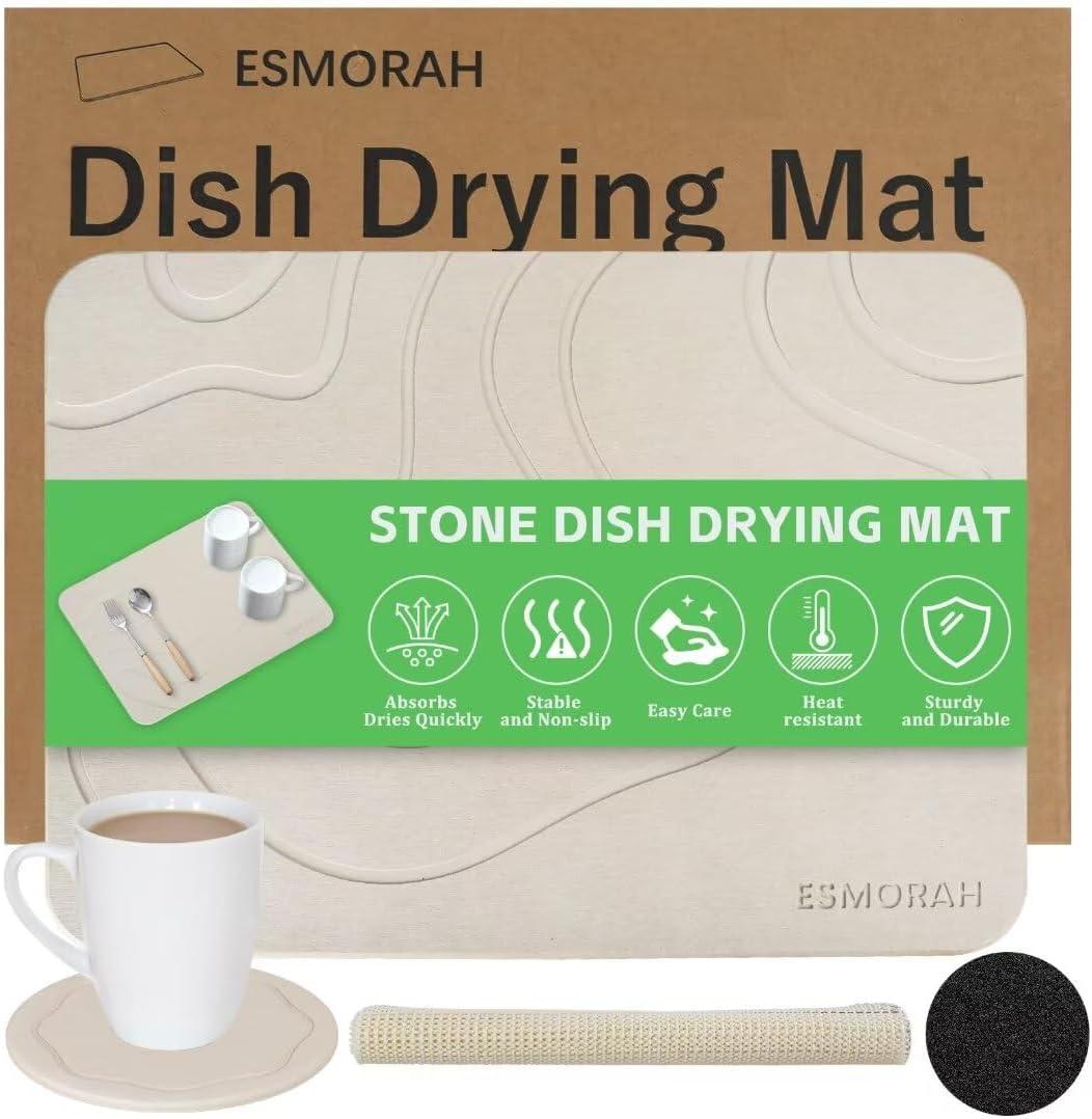Esmorah Stone Dish Drying Mat for Kitchen Counter with Absorbent Stone Coaster- Quick Drying Diatomaceous Earth Sink Tray, All Natural, Super Absorbent, Heat Resistant, Non-Slip, 16x12 Inch - Beige