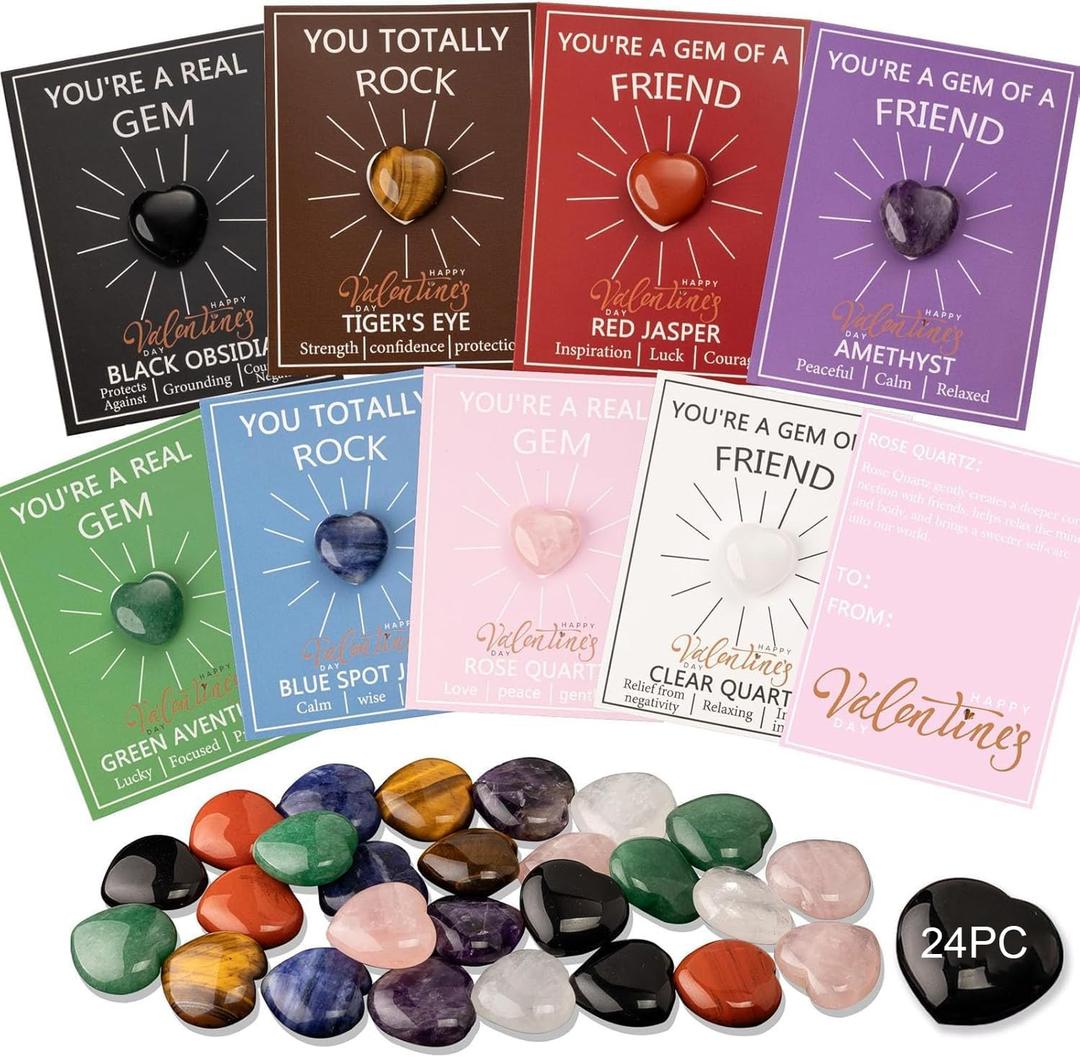 Valentines Day Gifts for Kids 24 Pack Valentine's Day Greeting Cards Set With Natural Crystal Love Gemstone, Funny Valentine Exchange Card for Boys & Girls (C)