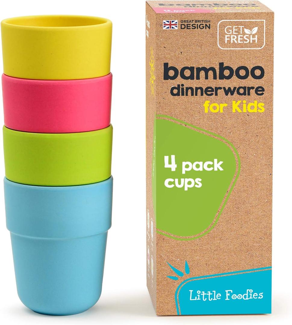 Bamboo Kids Cups, 4 Pack Set, Stackable Bamboo Drinking Cups, Bamboo Kids Dinnerware Set, Bamboo Toddler Cups, Dishwasher Safe and Stackable