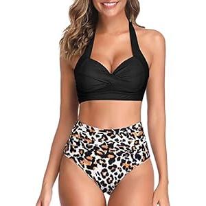 Tempt Me Women Two Piece Vintage Swimsuit Retro Halter Ruched High Waist Bikini with Bottom (XX-Small, Black 1)