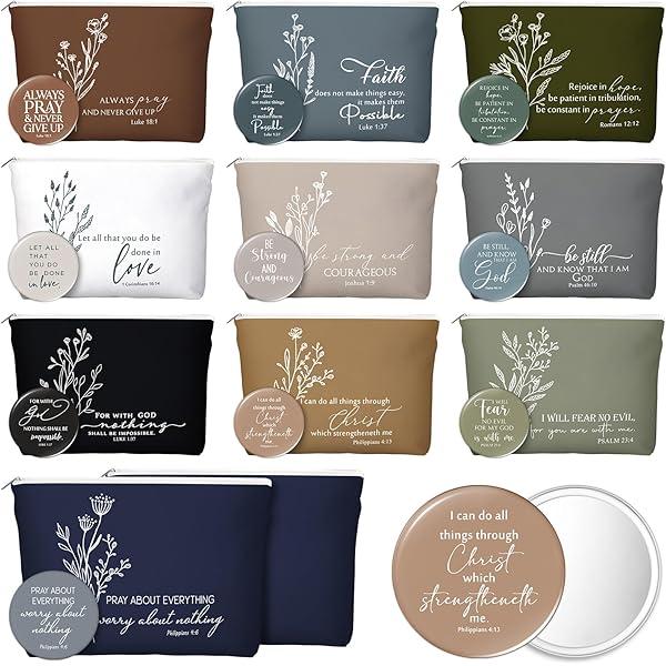 20 Pcs Christian Gifts for Women Bulk 10 Inspirational Religious Canvas Makeup Bags with 10 Mini Bible Verse Compact Mirrors for Church Mom Pastor Sunday School Study Office