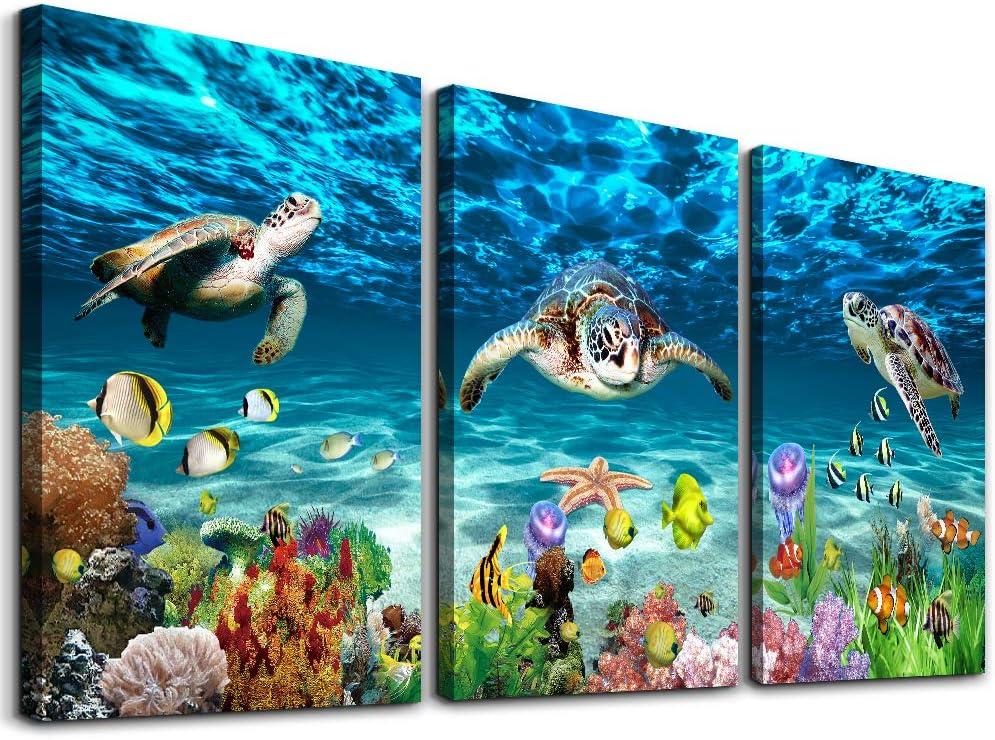 AHUASJART Canvas Wall Art for Living Room Large Size Wall decor for Bedroom Modern Bathroom Wall Decoration blue Ocean Painting Sea Turtle Pictures Ready to Hang Office Artwork 20" x 28" 3 Piece
