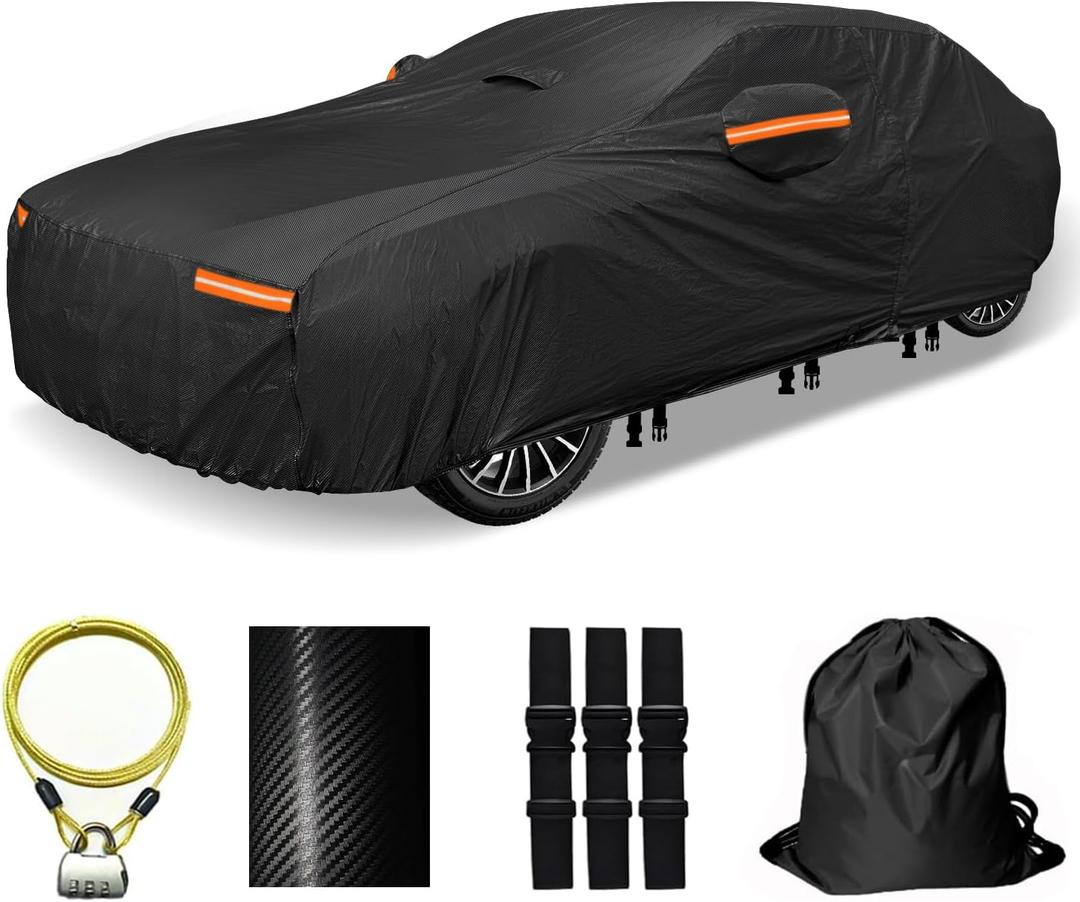 Heavy Duty Car Cover for Automobiles All Weather Waterproof, Outdoor Snowproof UV Protection Windproof, Door Zipper, Soft Cotton Universal Car Covers (Black, Fit Sedans 171"-180")