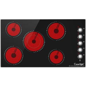 36 Inch Electric Cooktop, 5 Burner Built-In Ceramic Glass Cooktop with Knob Control, 9 Power Levels, Expandable Burner, 8500W, 220240V Hardwired, Works with All Cookware