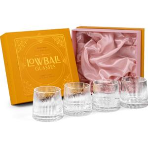 GLASSIQUE CADEAU Vintage Art Deco Speakeasy Lowball Glasses | Set of 4 | 9 oz Crystal Tumblers for Drinking Classic Gin, Rum, Vodka Bar Drinks | Round Short Rocks Glassware