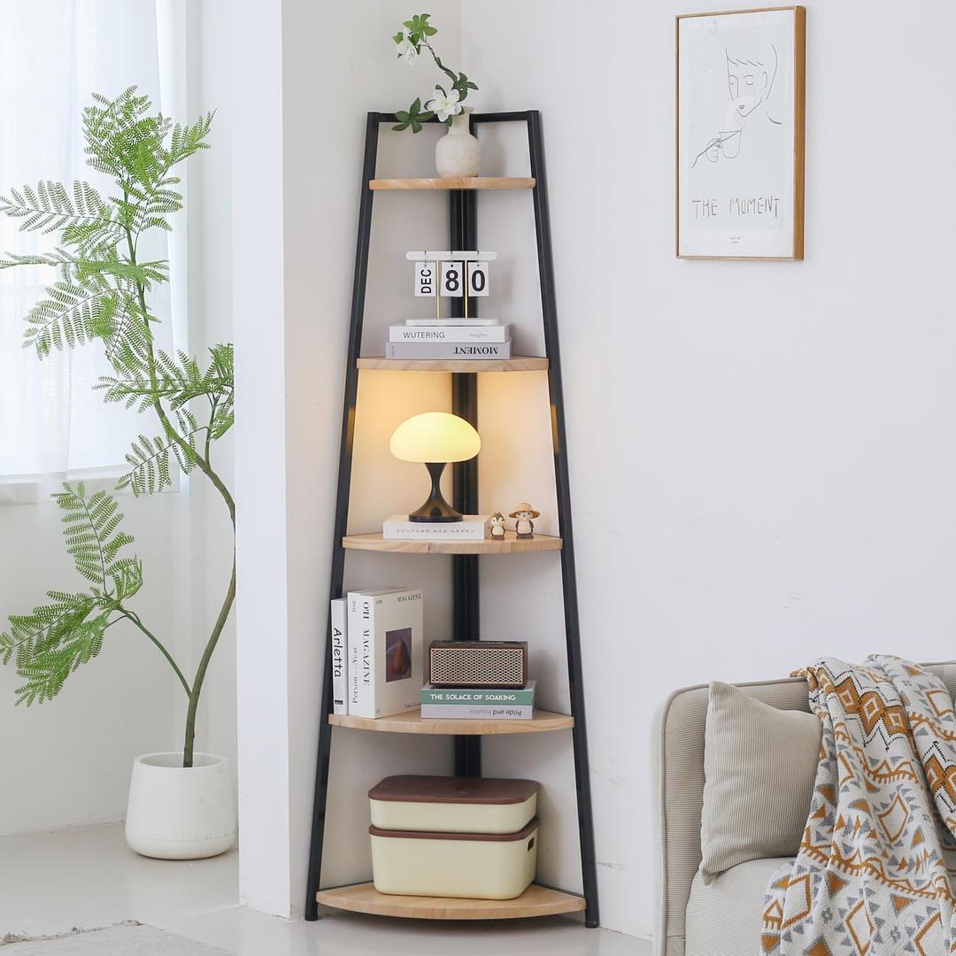 5 Tier Tall Corner Shelf,70 inch Solid Wood Rustic Corner Bookshelf Bookcase Industrial Ladder Shelf,Display Wooden Plant Stand Shelving Unit Shelf for Living Room,Kitchen,Home Office (Natural finish)