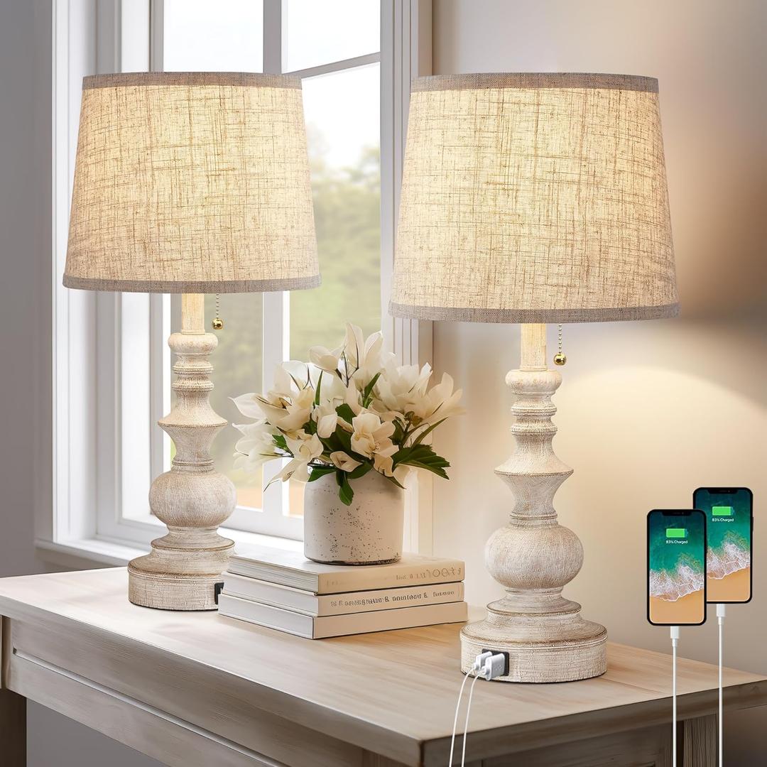 Table Lamps for Bedrooms Set of 2 Farmhouse Bedside Lamps for Nightstand with USB Charging Ports Traditional Side Table Lamps for Living Room Wooden Finish, Pull Chain, Bulbs Not Included