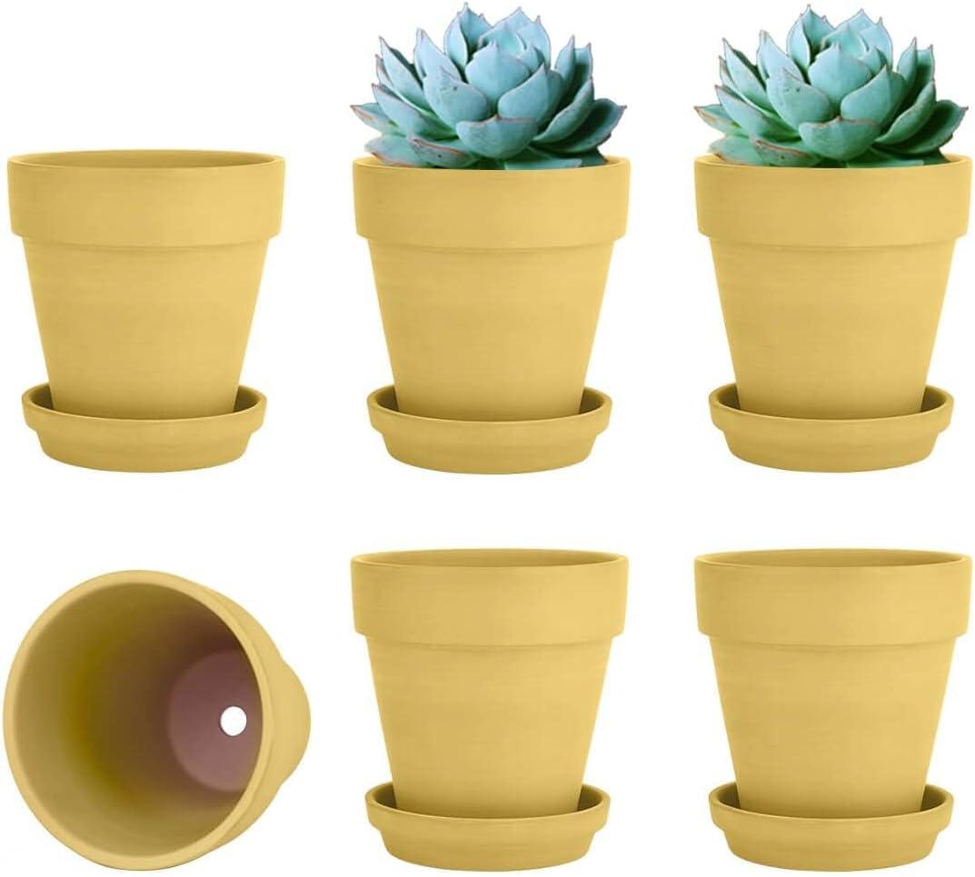 vensovo 4 Inch Small Yellow Terracotta Plant Pots with Saucer - 5 Pack Clay Flowerpots with Drainage, Great for Indoor Outdoor Plants, Crafts, Wedding Favor