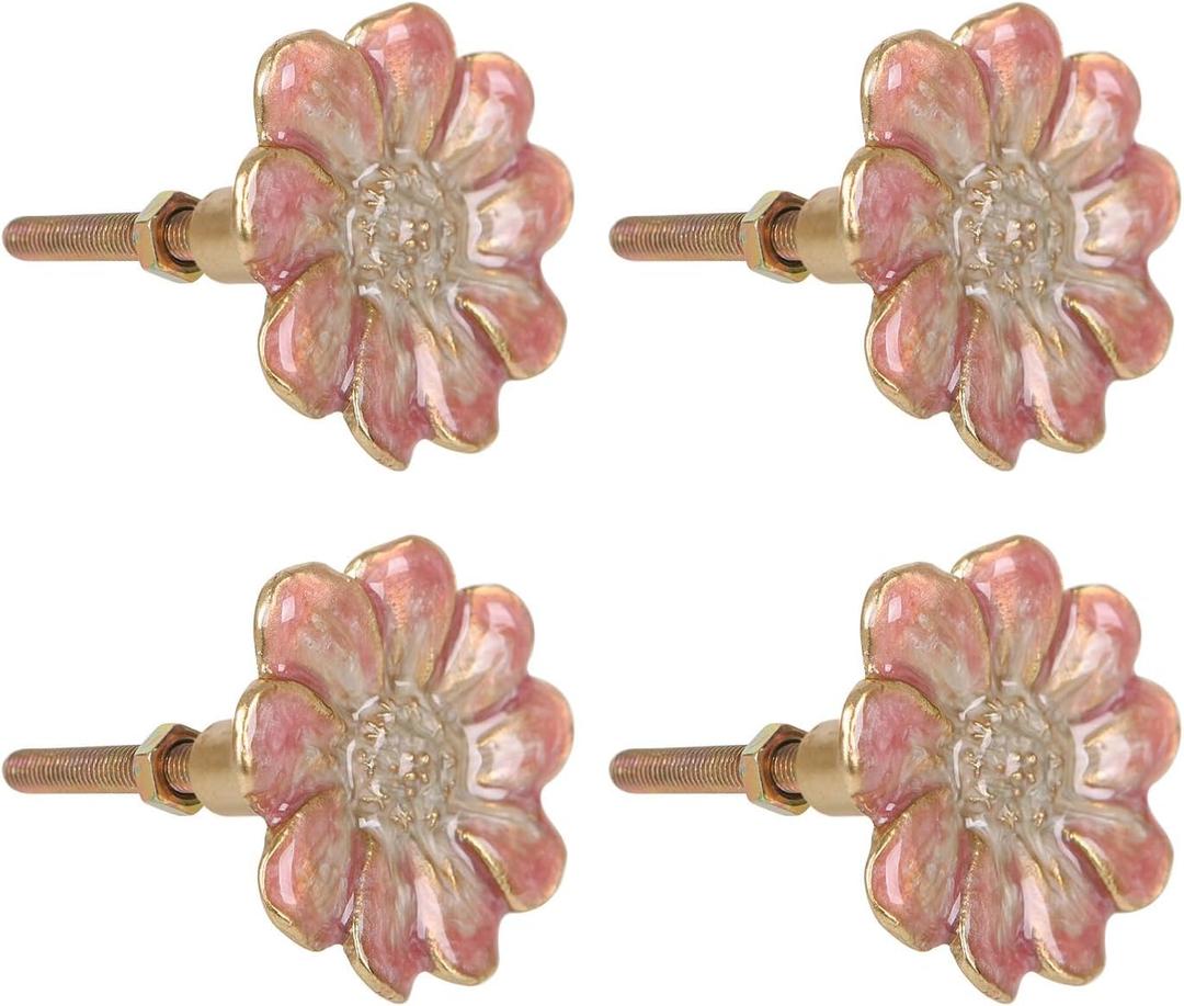 NIKKY HOME Cabinet Knob 4 Pack Flower Drawer Knob Decorative Vintage Door Cupboard Solid Metal Pulls Handles for Furniture Bedroom Living Room Bathroom - Pink