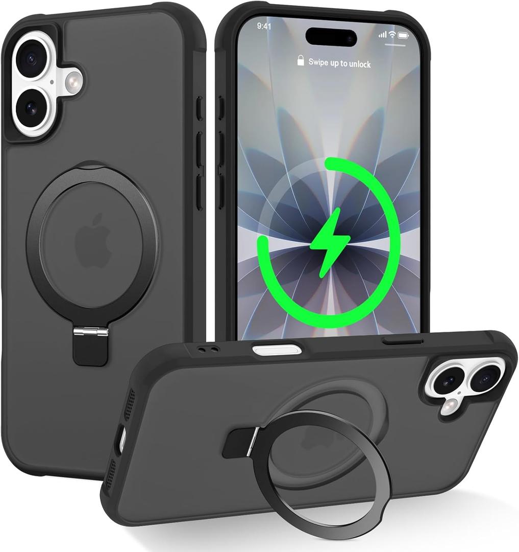 Magnetic Compatible with iPhone 17 Case with Stand [Military Grade Drop Tested][Compatible with Magnet] Ring Translucent Slim Hard Back Soft Edge, Black