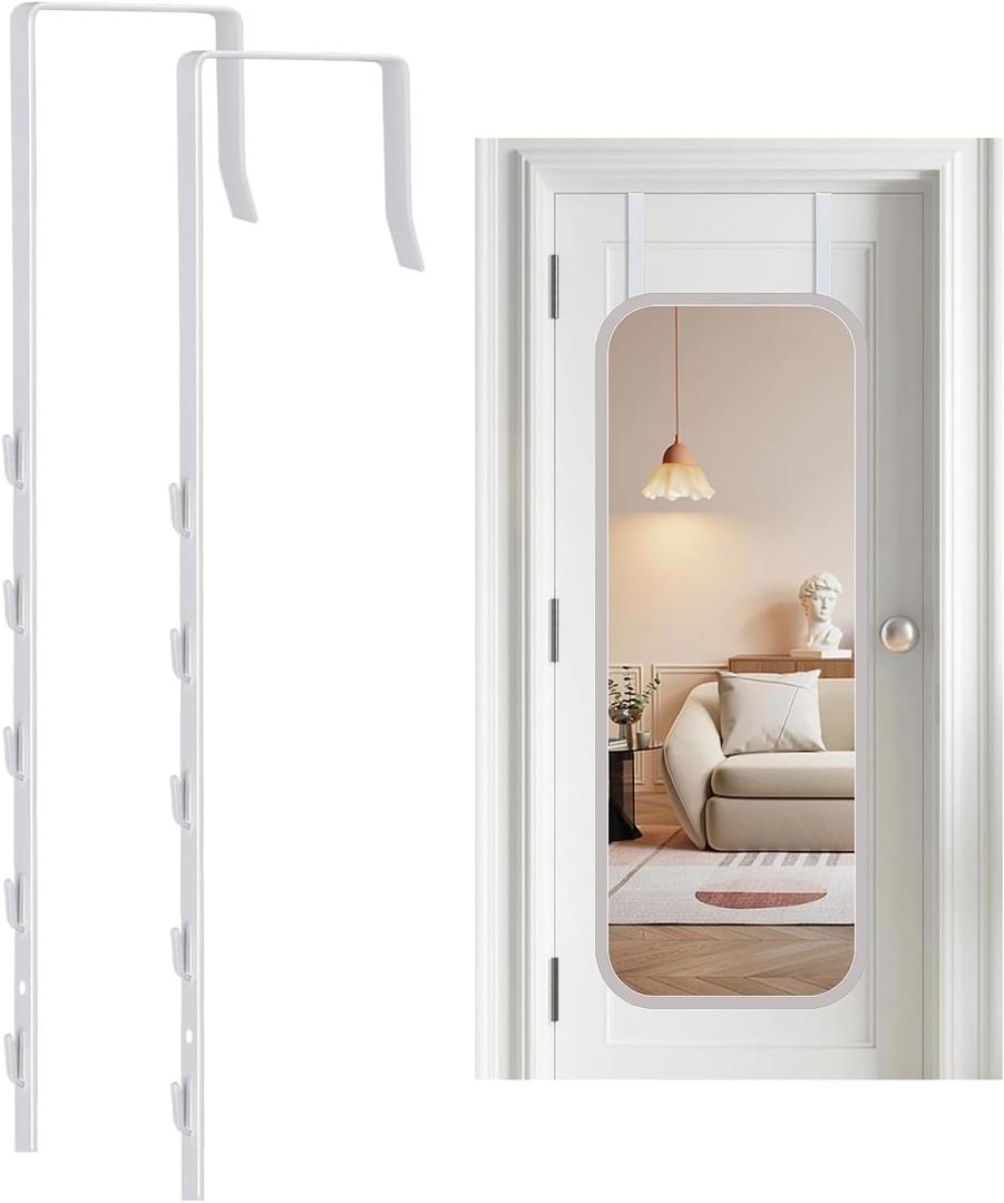 Over-The-Door Mirror Hanger, Adjustable 13.6 in Door Mirrors Hanger with Protective Lining, Prevent Scratches, 2 Pcs Mirrors Brackets Perfect Height and Fit (Mirror Not Included) - White