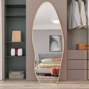 COOL2DAY 63" X 24" Irregular Wavy Full Length Mirror Aluminum Alloy Frame Full Body Wall Mounted Floor Mirror,Leaning Hanging Wall Mirrors for Living Room Bedroom Entrance (Gold, 63"x 24")
