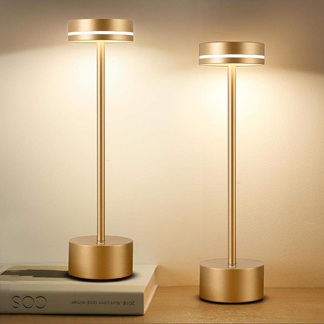2 Pack LED Cordless Table Lamp Rechargeable, 5000mAh Portable Battery Operated Desk Touch Lamp, 3 Color Dimmable Table Light for Home Office/Dining/Nightstand for Home Dcor Champagne Gold