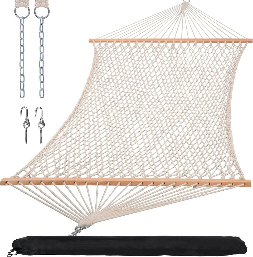 SUNCREAT Double Rope Hammock with Spreader Bar, Carrying Bag, 450 lbs Capacity, Two Person Hammock with Tree Hooks, Beige