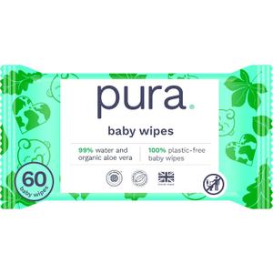 Pura Natural Sensitive Baby Wipes, 99% Water, Unscented & Hypoallergenic, Suitable for Sensitive & Eczema-prone Skin, Fragrance Free & Hypoallergenic, EWG Verified, 1 Pack of 60 Wet Wipes