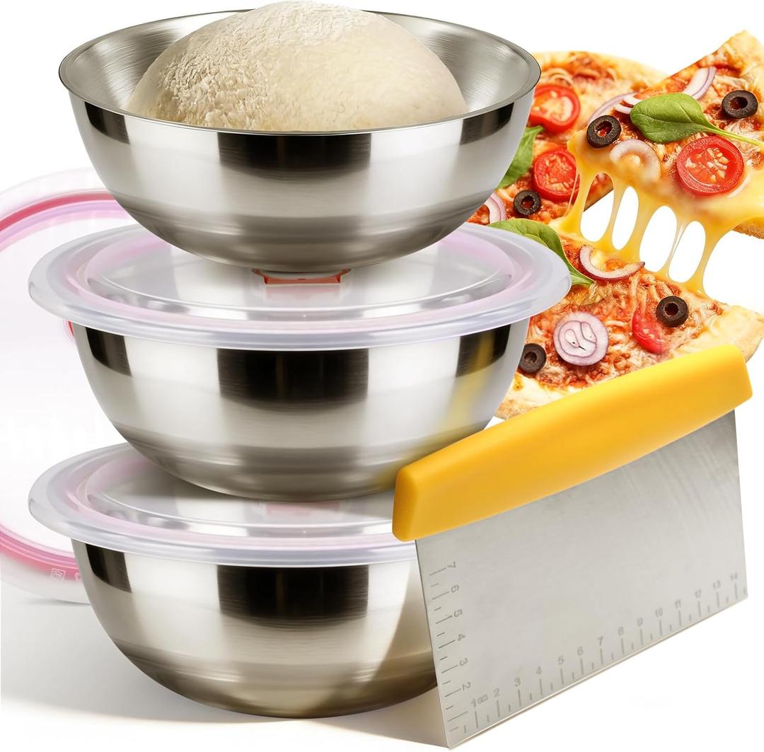 Pizza Dough Proofing Container Set of 3, 1300ML Stainless Steel Proofing Box with Clear Airtight Lid, Stackable Fermentation Storage for Dough Balls & Bread, Includes Cutter