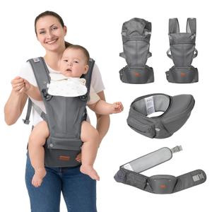 BabbleRoo Grow Carrier  Safety-Certified 6-in-1 Baby Carrier with Hip Seat, Ergonomic & Adjustable Toddler Carrier 7-50 lbs with Hip Support, Hood for Sun Protection, Newborn to Toddler, Gray
