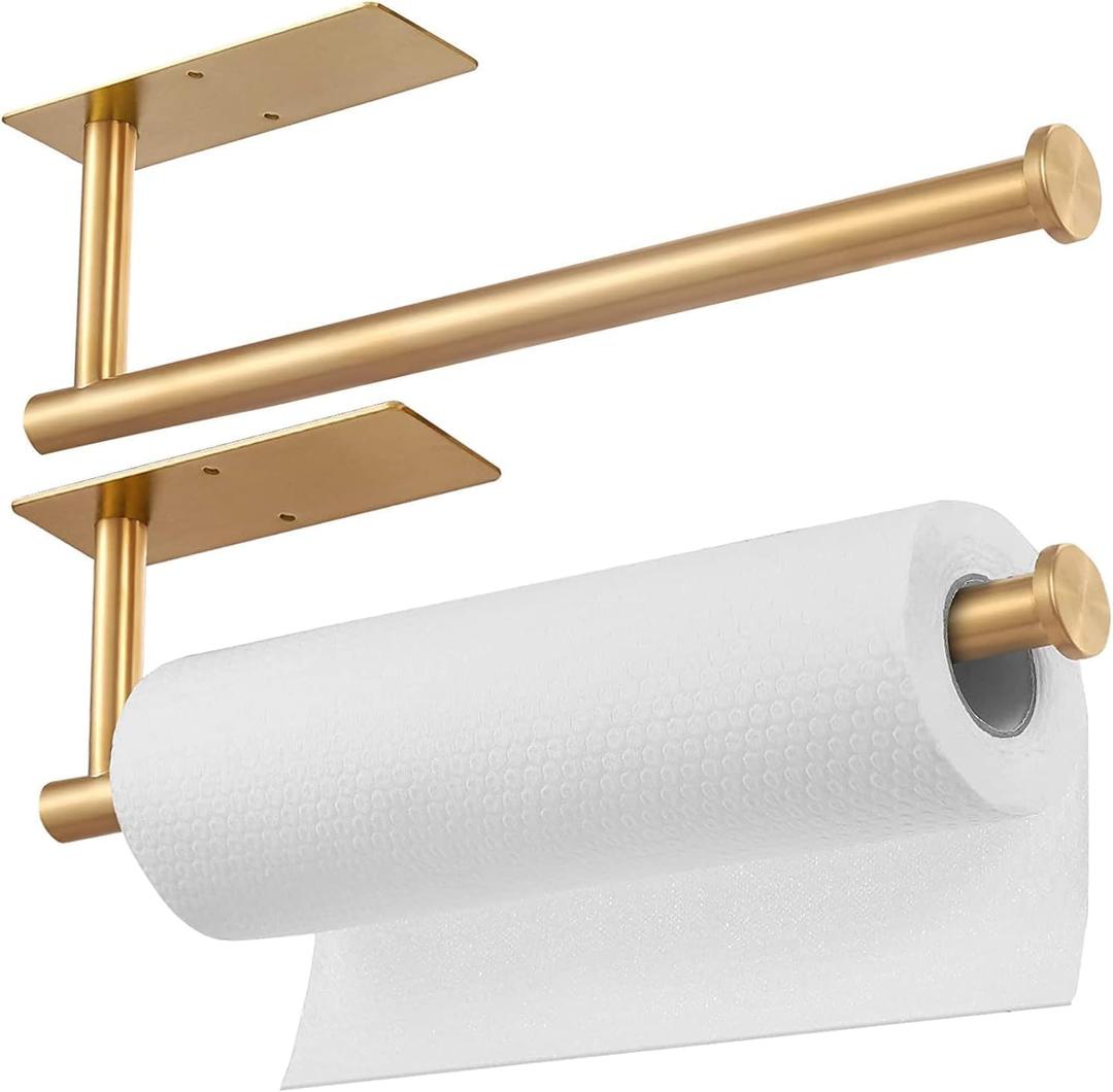 Paper Towel Holder Under Cabinet, Self Adhesive Wall Mount Paper Towel Holder, SUS304 Stainless Steel Under Cupboard Paper Towel Holder for Kitchen, Pantry, Sink, Bathroom,Gold