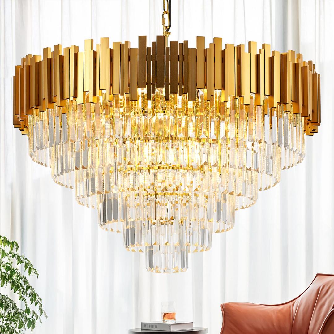 brfaixla 18-Lights 6 Tiers Gold Crystal Chandeliers Luxury 31.5" Modern Crystal Pendant Chandelier Round Hanging Lighting for Living Room Foyer High Ceiling Bedroom Restaurant