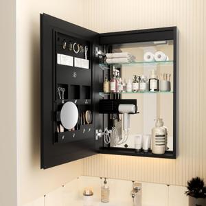 Bathroom Mirror Cabinet, 20x30 inch Bathroom Wall Cabinet with Magnifying Vanity Mirror, Back Panel Functional Partition Storage Organizer Jewelry Cabinet Medicine Cabinet with Hair Dryer Shelf