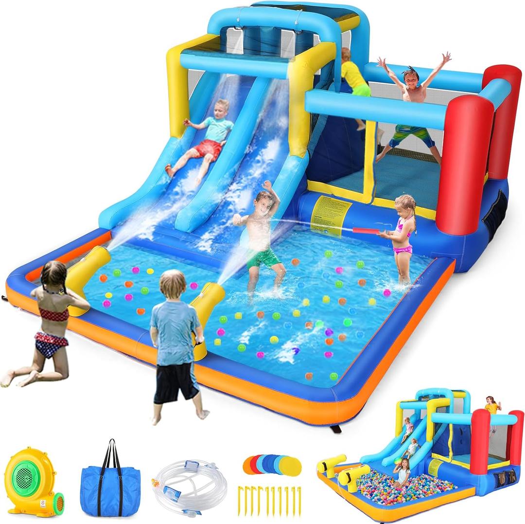Bounce House with Double Water Slide for Kids Backyard w/Blower, 12x10x6.5 FT Jump and Slide Inflatable Water Park w/ 2 Slides, Jumping Area, Climbing Wall and 2 Water Cannons for Wet Or Dry Use