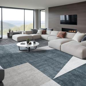 Washable Modern Area Rug: 10x14 Large Geometric Area Rugs for Living Room & Bedroom with Non-Slip Backing Modern Geometric Carpet for Living Room Blue Grey 10'x14'.